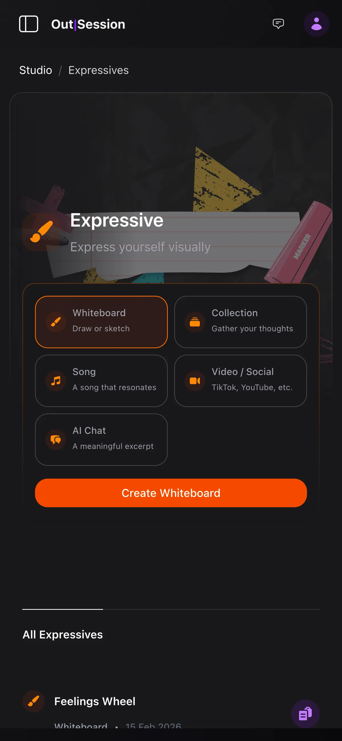 OutSession expressive writing screen